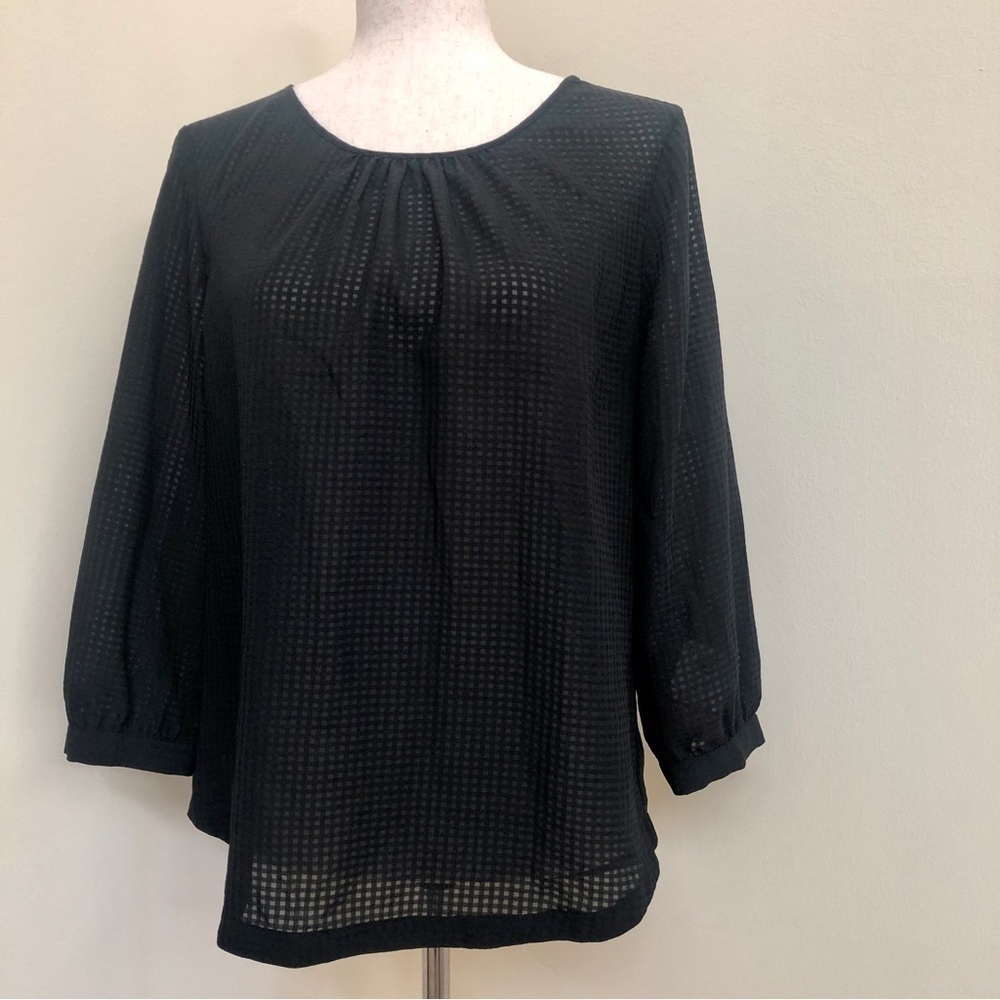 J. Crew. 3/4 Sleeve Semi Sheer Textured Grid Pattern Blouse. Black. Small